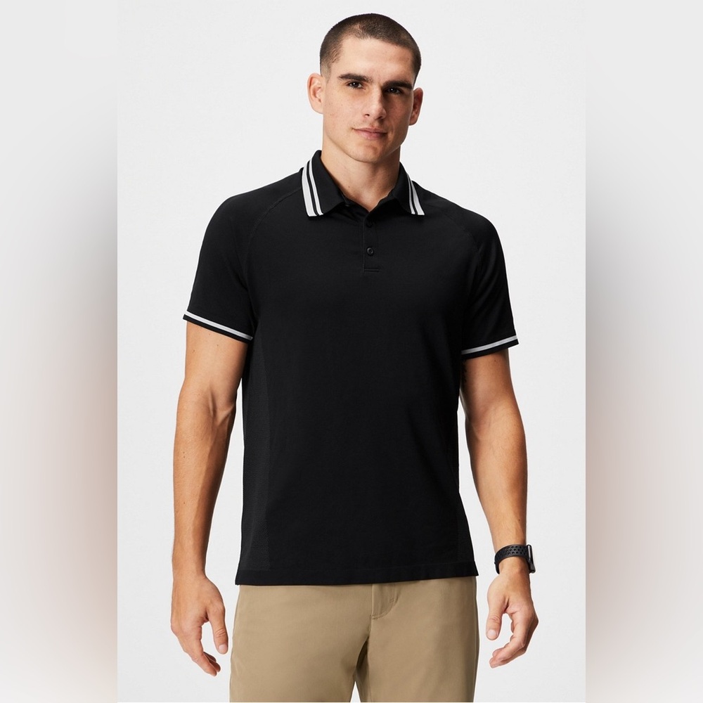 Fabletics The Training Day Tipped Polo Mens Sz XL Black Performance Jersey Shirt